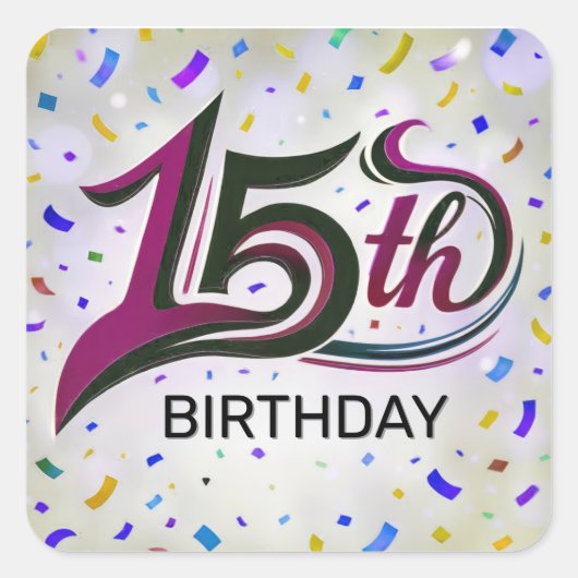 Tekst voor 15e verjaardag met feestconfetti vierkante sticker (Voorkant)