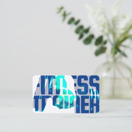 Tekst voor fitnesstrainer en blauw afbeelding visitekaartje (Staand voorkant)