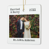 Tekst voor schrijfmachine, gehuwd en bruiloft foto keramisch ornament (Links)