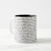 Tekst voor voorrang en vooroordeel tweekleurige koffiemok (Voorkant links)