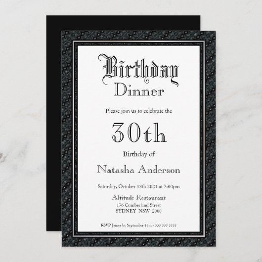  tekst zwart en wit 30th Birthday Dinner Kaart (Voorkant / Achterkant)