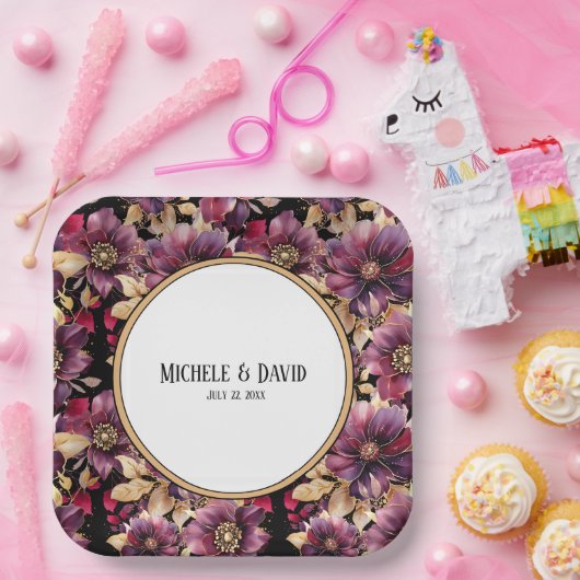 Tekst Zwart Goud Bourgogne Bloemen patroon rand Papieren Bordje (Feest)