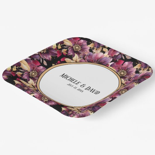 Tekst Zwart Goud Bourgogne Bloemen patroon rand Papieren Bordje (Gebogen)