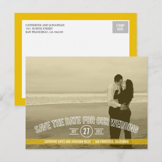 Tekstbedekking De datumkaarten opslaan - Mosterd Aankondigingskaart (Voorkant / Achterkant)