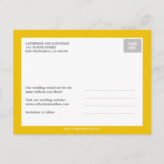 Tekstbedekking De datumkaarten opslaan - Mosterd Aankondigingskaart (Achterkant)