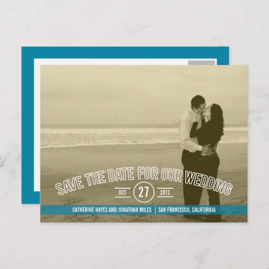 Tekstbedekking De datumkaarten opslaan - Turquoise Briefkaart (Voorkant / Achterkant)