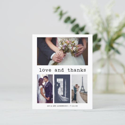 Tekstbudget schrijfmachine bruiloft 4 Foto bedankt (Staand voorkant)