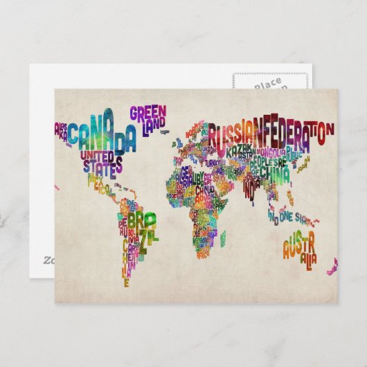 Tekstkaart van de wereld briefkaart (Voorkant / Achterkant)