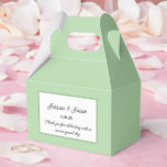 Tekstvak Bedankdoosjes<br><div class="desc">Party gunst box wordt getoond in een elegante salie groene kleur. Pas dit item aan en wijzig de voorbeeldtekst in de jouwe. Tip: Voeg gewoon je geweldige lekkernijen toe en voeg wat feestelijk lint toe.</div>