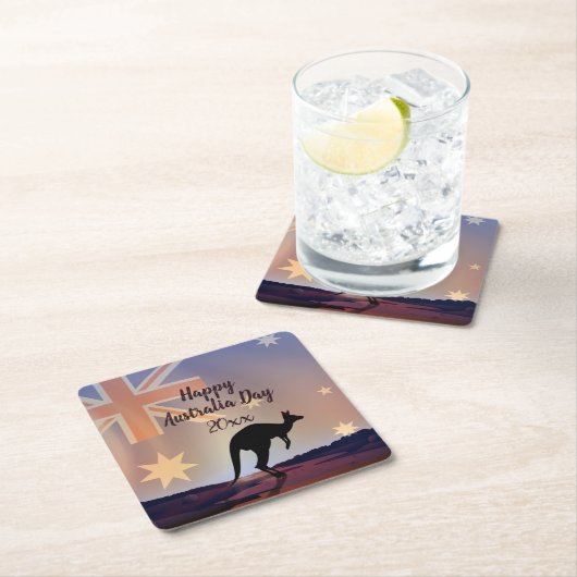 Tekstvlag Kangaroo Australia Day Square Paper bewe Kartonnen Onderzetters (Insitu)