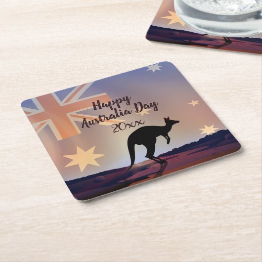 Tekstvlag Kangaroo Australia Day Square Paper bewe Kartonnen Onderzetters (Schuin)
