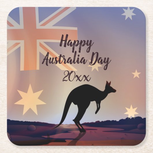Tekstvlag Kangaroo Australia Day Square Paper bewe Kartonnen Onderzetters (Voorkant)