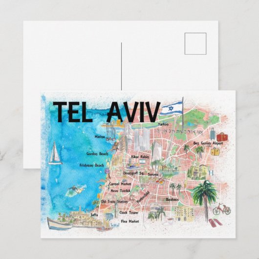 Tel Aviv Israel Illustrated Map met Wegen Briefkaart (Voorkant / Achterkant)