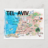 Tel Aviv Israel Illustrated Map met Wegen Briefkaart (Voorkant)
