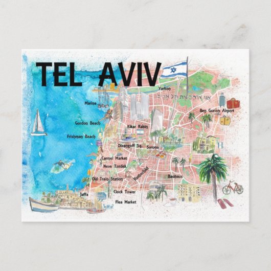 Tel Aviv Israel Illustrated Map met Wegen Briefkaart (Voorkant)