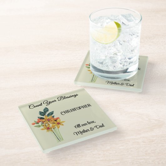 Tel je zegeningen, gewatteerde bloemen | vriendsch glazen onderzetter (Schuin)