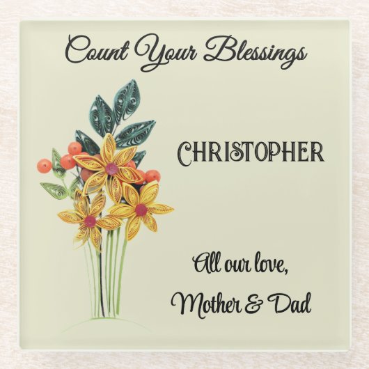 Tel je zegeningen, gewatteerde bloemen | vriendsch glazen onderzetter (Voorkant)