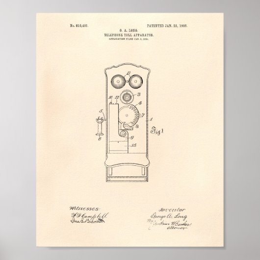 Telefoon Toll 1906 Patent Art Old Peper Poster (Voorkant)