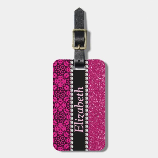 Telefoonnummer Glitter Pink and Black Rhinestones Bagagelabel (Voorkant verticaal)