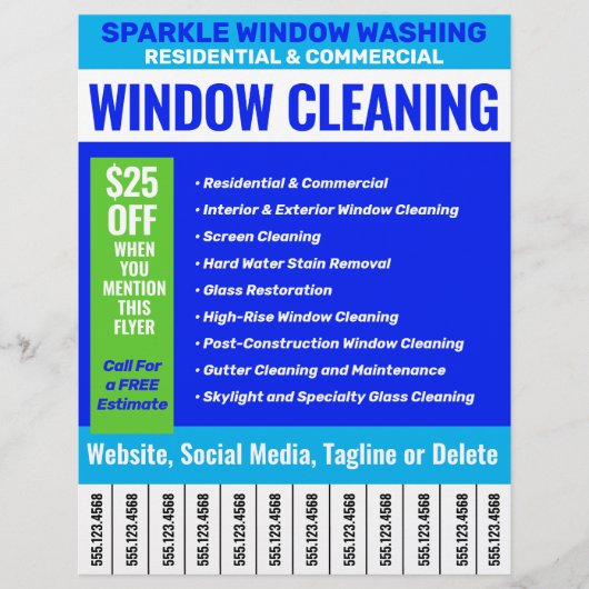 Telefoonnummers voor het schoonmaken van vensters flyer (Voorkant)
