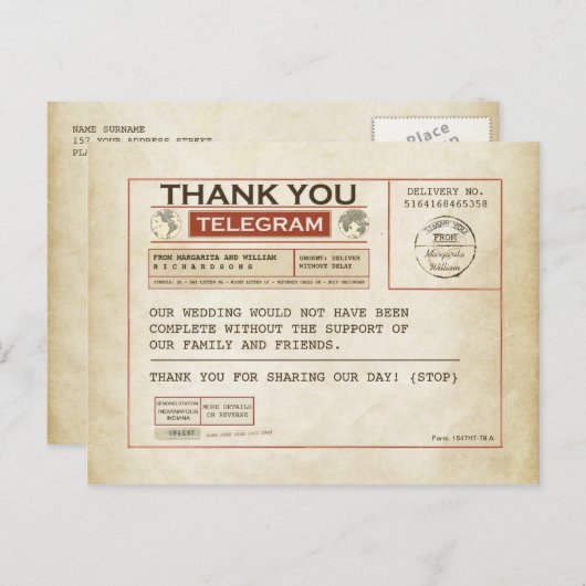 Telegram Bedankt kaarten voor de bruiloft (Voorkant / Achterkant)