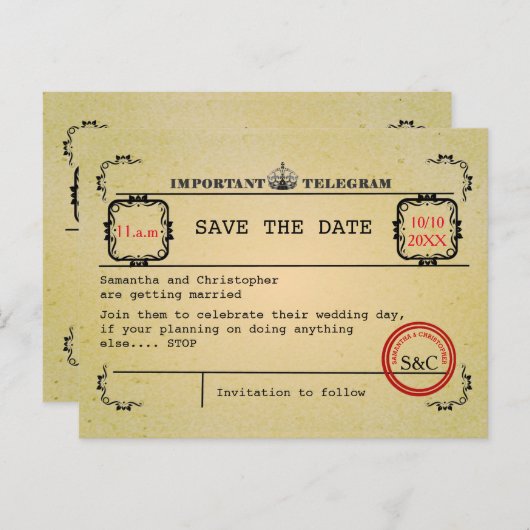  Telegram bruiloft Bewaar de datum Aankondigingskaart (Voorkant / Achterkant)