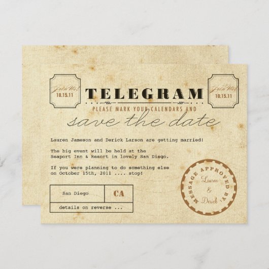 Telegram sparen de Datum Save The Date (Voorkant / Achterkant)