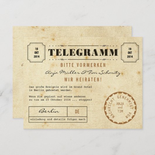 Telegramm sparen de Datum Save The Date (Voorkant / Achterkant)