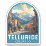 Telluride Colorado Reizen Kunst Vintage Sticker<br><div class="desc">Telluride retro vector reisontwerp in een embleemstijl. Telluride,  een voormalige Victoriaans mijnstad in Colorado's Rocky Mountains,  ligt in een boxcanyon te midden van beboste toppen aan de basis van een populair ski-en-golfresort.</div>