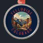 Telluride Colorado Retro gestresste cirkel Metalen Ornament<br><div class="desc">Telluride retro vector reisontwerp in een embleemstijl. Telluride,  een voormalige Victoriaans mijnstad in Colorado's Rocky Mountains,  ligt in een boxcanyon te midden van beboste toppen aan de basis van een populair ski-en-golfresort.</div>