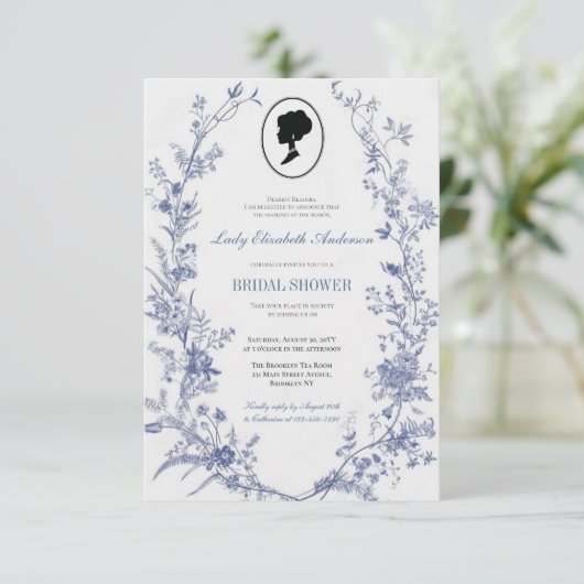 Tema del puente floral azul, regencia del té nupci kaart (Staand voorkant)