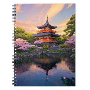 Tempel aan de oevers van een schilderachtig meer notitieboek