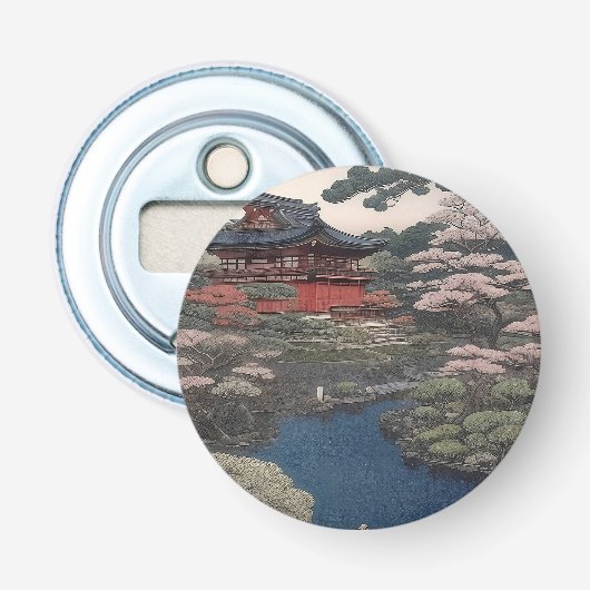Tempel aan de rivier - Japan Button Flesopener (Voorkant)