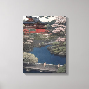 Tempel aan de rivier - Japan Canvas Afdruk
