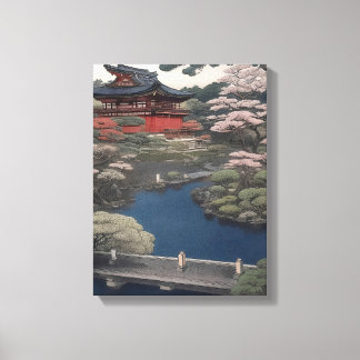 Tempel aan de rivier - Japan Canvas Afdruk