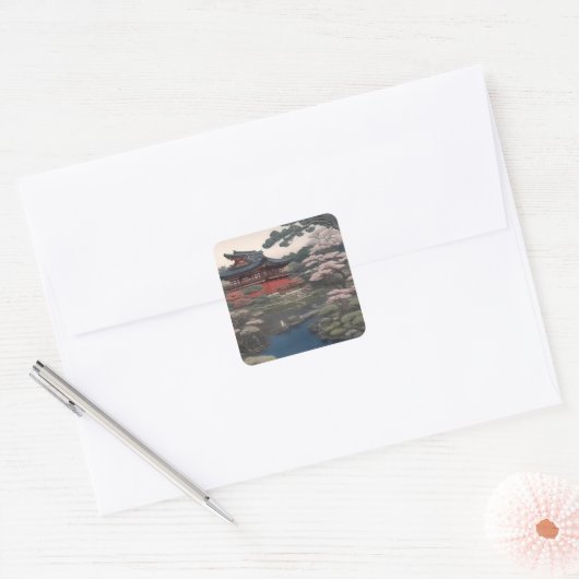 Tempel aan de rivier - Japan Vierkante Sticker (Envelop)
