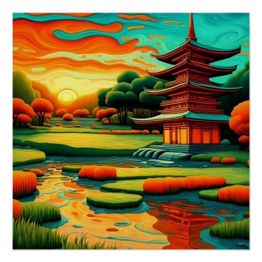 Tempel bij zonsondergang 1 perfect poster (Voorkant)