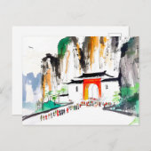 Tempel met mensen in een bergachtig landschap briefkaart (Voorkant / Achterkant)