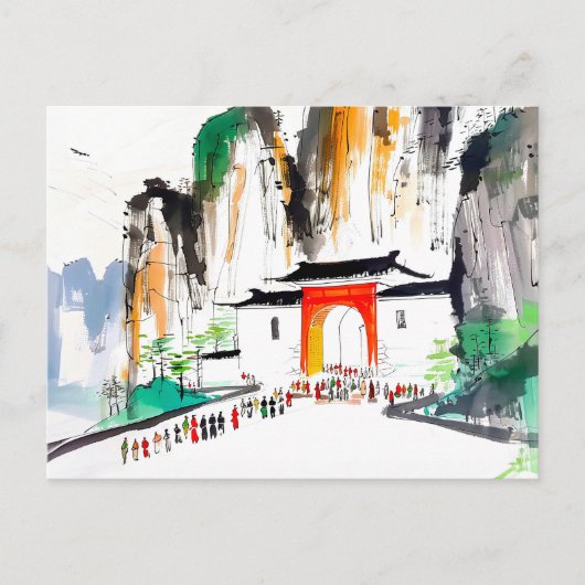 Tempel met mensen in een bergachtig landschap briefkaart (Voorkant)