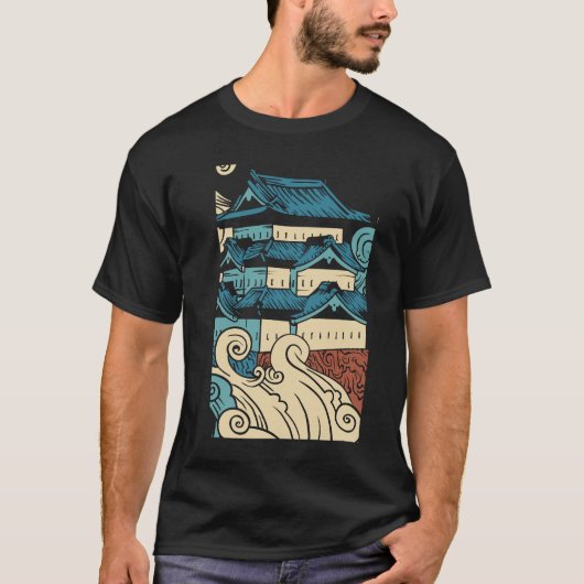 Tempel moderne kleurrijke zwarte kunst illustratie t-shirt (Voorkant)