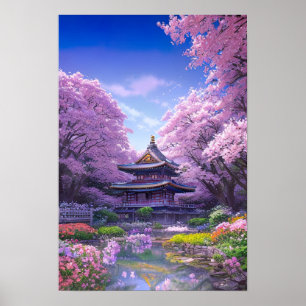 Tempel omringd door Sakura Trees Poster