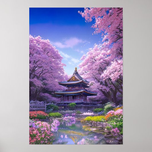 Tempel omringd door Sakura Trees Poster (Voorkant)
