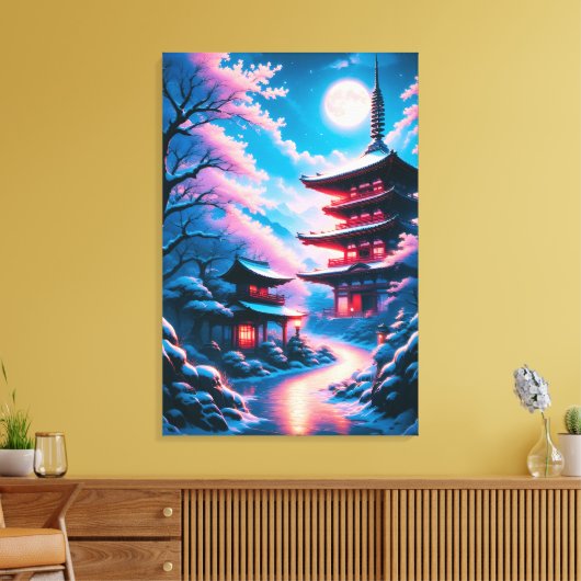 Tempel van Sneeuw en Bloesems (Yukizakura no Tera) Canvas Afdruk (Insitu (Woonkamer))