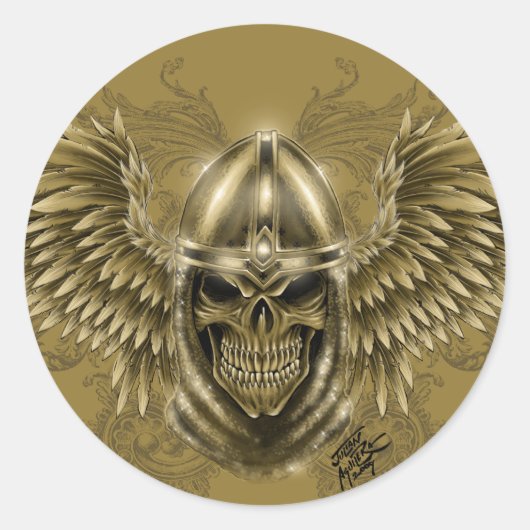 Templar Knight Gothic Medieval Skull met Wings Ronde Sticker (Voorkant)