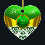 TEMPLATE VAN DE CELTISCHE HARTSHAMROCK VAN ST PATR KERAMISCH ORNAMENT<br><div class="desc">Elegant hartmonogram met witte groene damesbloemen en goudbogen voor kerstfeestdag,  Saint Patty's Day,  Ierse bruiloft,  Valentijnsdag,  behalve de datum,  romantisch verloving,  verjaardag,  vrijgezellenfeesten.</div>