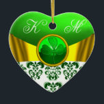 TEMPLATE VAN DE CELTISCHE HARTSHAMROCK VAN ST PATR KERAMISCH ORNAMENT<br><div class="desc">Elegant hartmonogram met witte groene damesbloemen en goudbogen voor kerstfeestdag,  Saint Patty's Day,  Ierse bruiloft,  Valentijnsdag,  behalve de datum,  romantisch verloving,  verjaardag,  vrijgezellenfeesten.</div>
