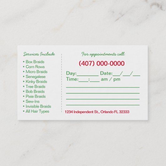 Template voor een Afrikaanse Hair Braiding Busines Afsprakenkaartje (Achterkant)