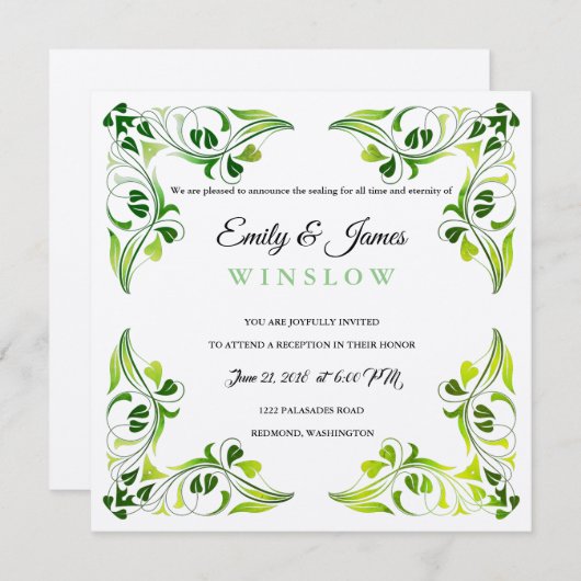 Temple Bruiloft Receptie Kaart Fancy Leaf Borders (Voorkant / Achterkant)