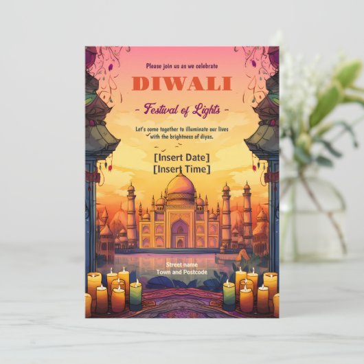 Temple Glow Diwali Uitnodiging (Staand voorkant)