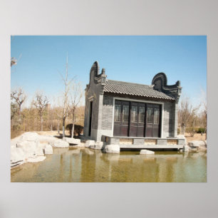 Temple in water met blauwe lucht poster